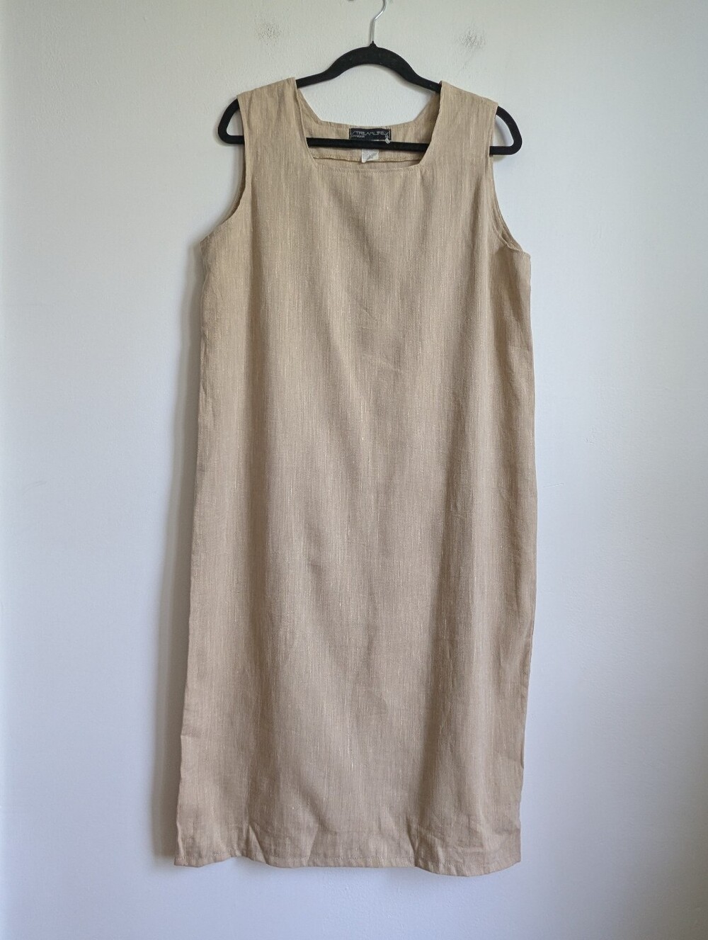 Vintage Natural Hemp Midi Shift Dress In Beige Square Neck Minimalist Resortwear